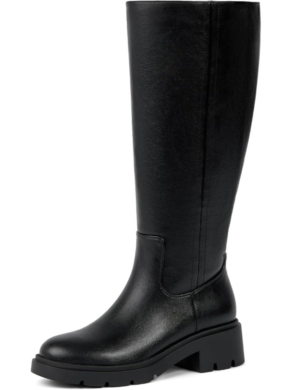 Women's Black Faux Leather Wide Calf Round Toe Low Heel with Side Zip Boots